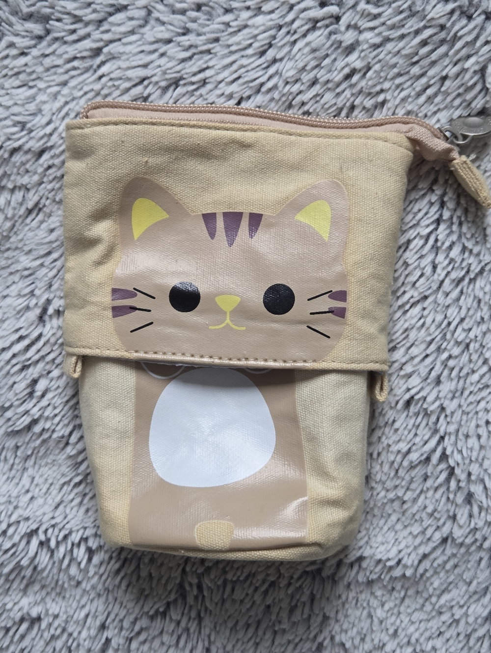Cream Canvas Pencil Accessory Case with Cute Brown Cat Picture